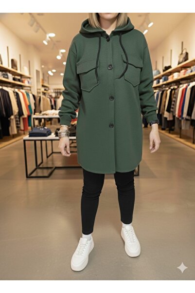 MLS Design Women's Hooded Double Pocket Cashmere Trench Coat Jacket Khaki Color