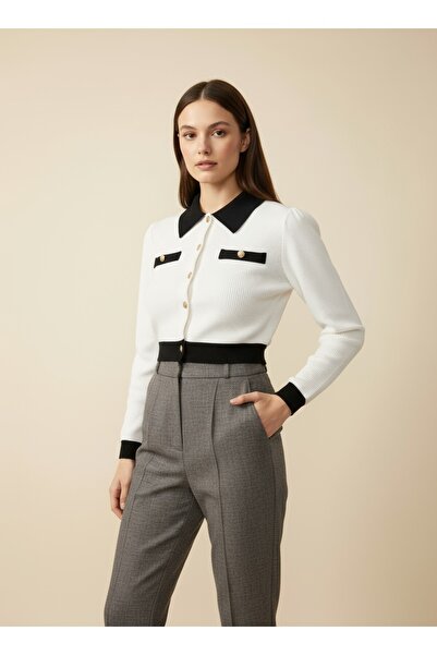 NEFESSE Cep Detaylı Düğmeli Crop Hırka