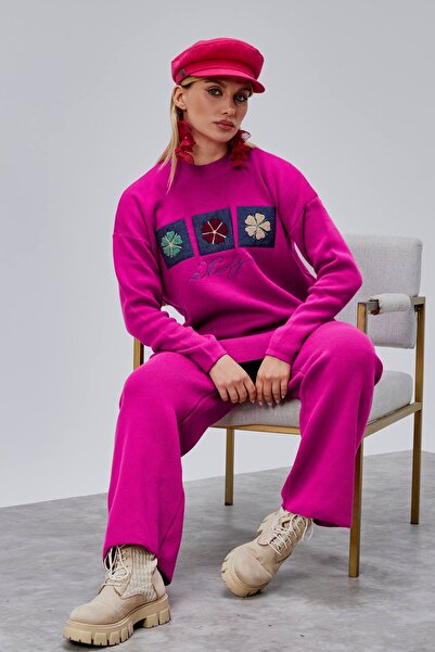 Jinx Wear Fashion Papatya Jeans Süzüne Embroidery Applique Detail Women's 2-Piece Acrylic Knitwear Set