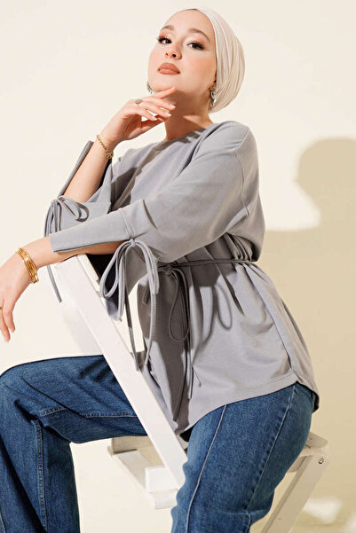 Smy moda Tunic with Two Drawstrings and Lace-Up Sleeves, Crew Neck