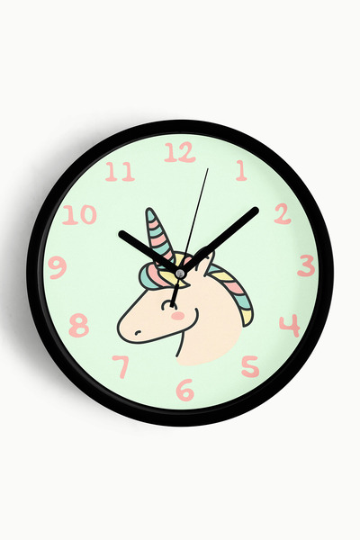 JHAAR ساعة حائط لغرفة الأطفال بتصميم يونيكورن - 30 سم - هيكل أسود مع زجاج أما...