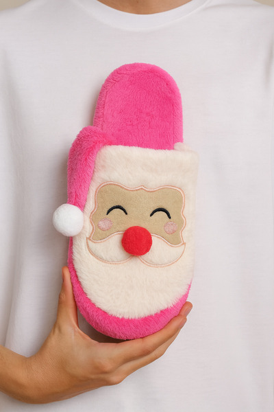 STOCON Noelia Fuchsia Santa Claus Embossed Embroidered Silent Sole Christmas Gift Slippers House Slippers Stc1190