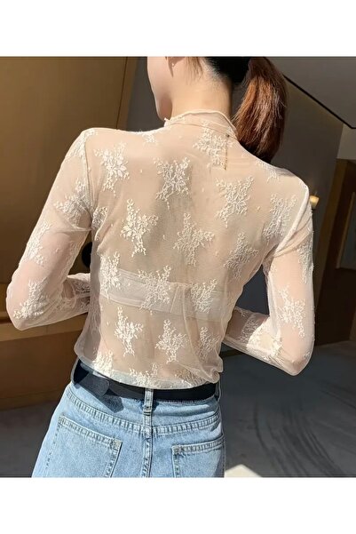 FloresDeCarnaval Half High Neck Ecru Tulle Blouse