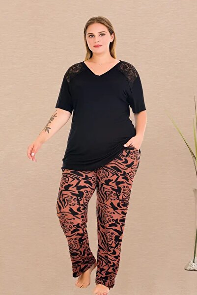 lidofya Shoulders Lace V-Neck Short Sleeve Plus Size Patterned Pajama Set