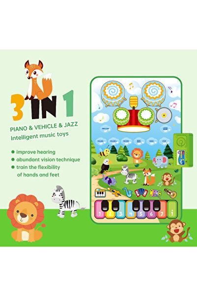 VALA ® 3-in-1 Children's Musical Mat (Piano and Drums), Animal Theme, 80 x 50 cm, Multicolor