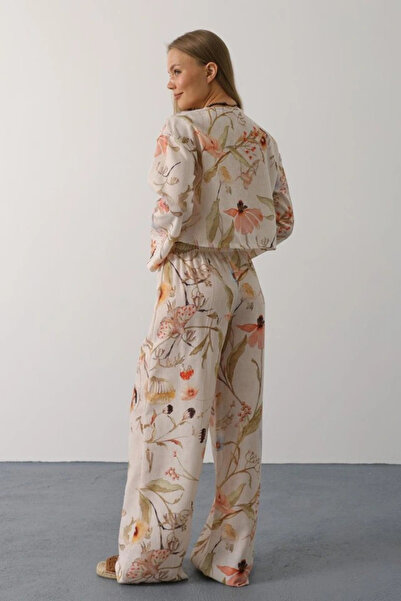 GENCULUS Floral Pattern Tie-Front Pants Set Stone