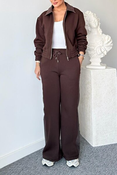 Suziş Brown Inside Shar Fleece-Lined Ket Pants Tracksuit Set Key36904