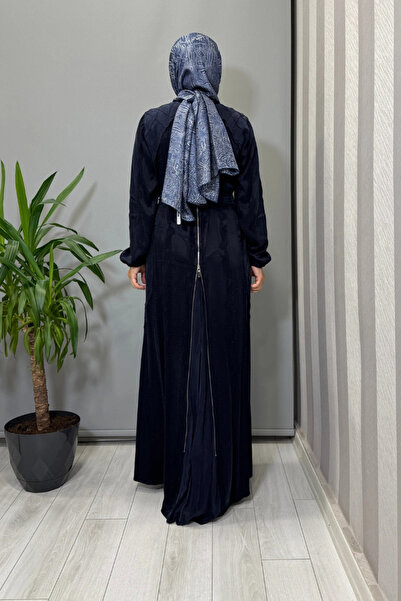 MissWhence Zipper Detailed Jacquard Cupra Silk Dress Navy Blue 38835