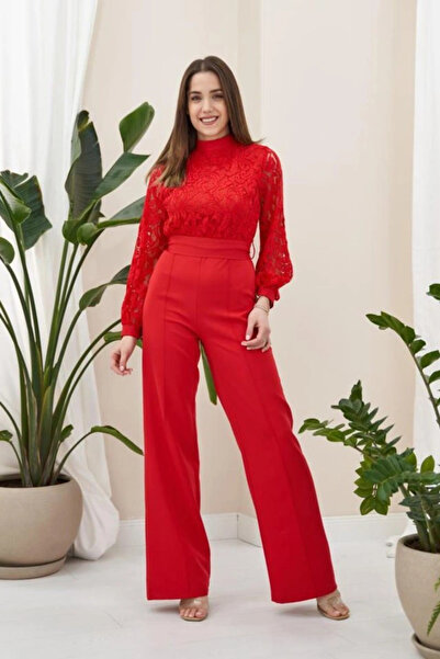 GENCULUS Red Lace Top Jumpsuit