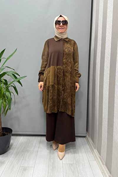 MissWhence Patterned Piece Detailed Silk Shirt Brown 38303
