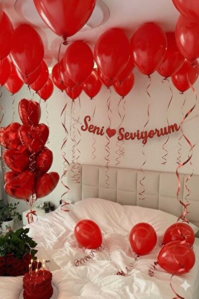 Baloncu Demmo 10 بالونات معدنية مسطحة حمراء، 5 بالونات فويل، لافتة أحبك من ال...