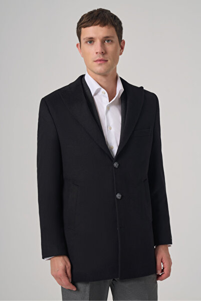 Morven Men's Black Woolen Straight Dynamic Fit Pointed Collar Coat