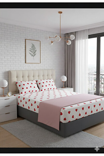 Home Heart Patterned King Size Elastic Double Bed Sheet Set (with 2 Pillowcases)