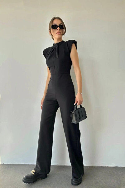 GENCULUS Black Padded Stand Collar Jumpsuit