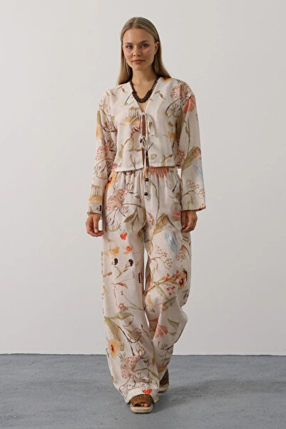 GENCULUS Floral Pattern Tie-Front Pants Set Stone