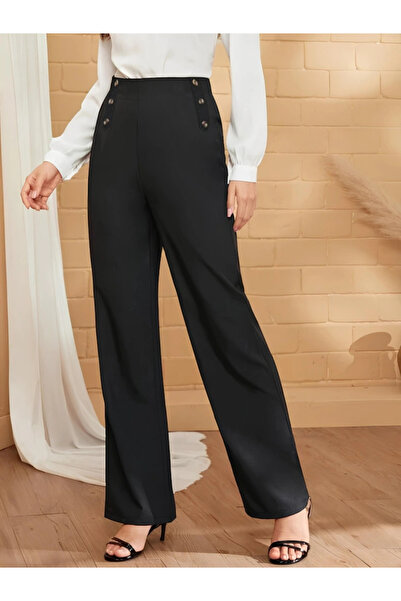 GENCULUS Women's Button Detail Wide Leg Imported Crepe Trousers