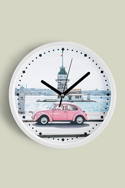 JHAAR ساعة حائط حديثة على شكل برج الفتيات والوردي - 30 سم - هيكل أبيض مع واجه...