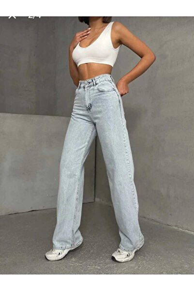 DRC trend Denisa 90`S Stretch Fabric Casual Women's Ice Blue Snow Super High Waist Wide Leg Denim Jeans