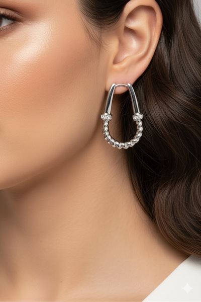 Dorvina Çelik Kadın Küpe Gümüş Renk Zirkon Taş Detaylı Burma Halka 316L Karar...