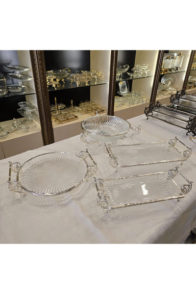AlyaHomeAksesuar Glass Presentation Set with Silver Metal Legs | Stylish Presentation and Serving Set