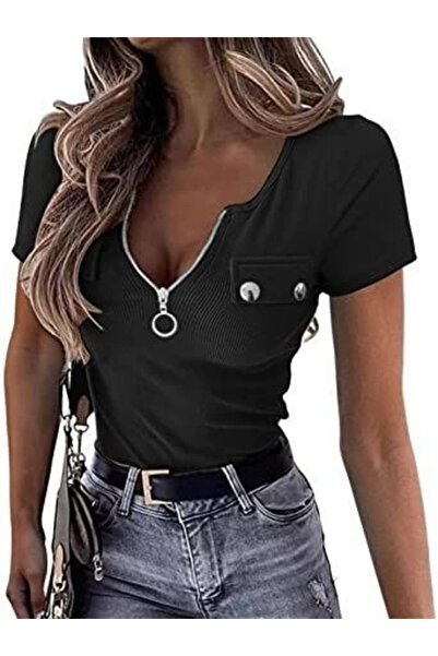 GENCULUS Women's Short Sleeve Zippered Pocket Detail Camisole Blouse