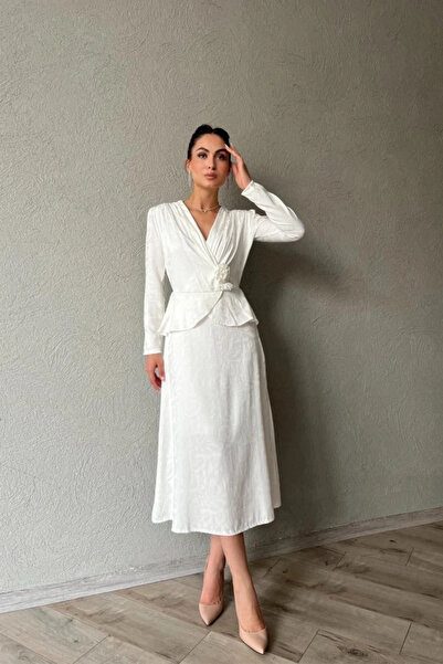 GENCULUS Ecru Pleat Detail Double Breasted Dress