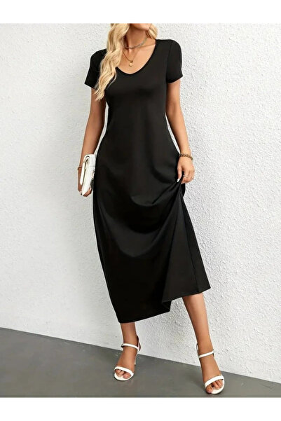 GENCULUS Women's Short Sleeve Viscose Dress with Round Neck and Pockets