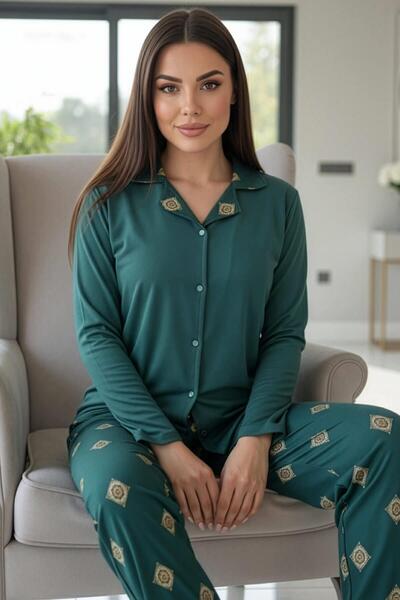Pijamaevi Zümrüt Mozaik Florado Exclusive Front Buttoned Long Sleeve Women's Pajama Set
