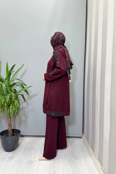 MissWhence Tunic with Fabric and Embroidery Detail on the Sleeves Burgundy 38040