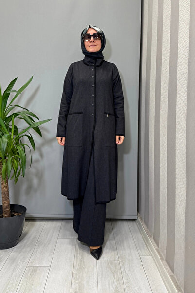 MISS DALIDA Mock Neck Long Denim Cap Black T25Pf-8000