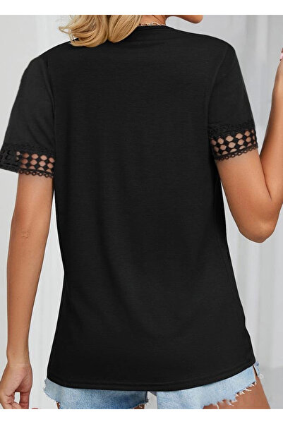 GENCULUS Women's Short Sleeve V Neck Lace Collar Viscose Blouse