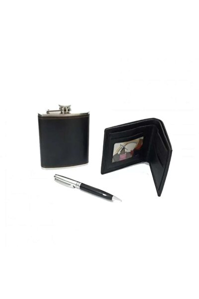Ems Moongrass 3-piece gift set for men, pen/wallet/whiskey bottle, black