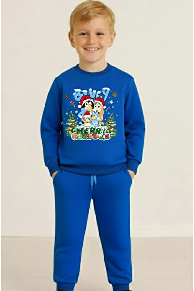 LİTTLE TORTOİSE Boy's Christmas New Year Printed 3 Thread Fleece-Lined Winter Sweatshirt / Tracksuit Set