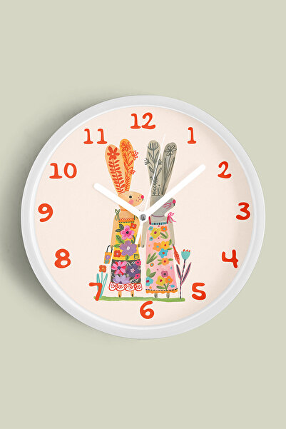 JHAAR Sevimli Tavşanlar Çocuk Odası Duvar Saati - 30cm - Önü Camlı Beyaz Kasa...