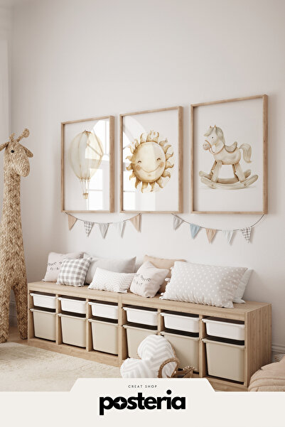 Posteria 3'lü Çocuk Odası Bohem Tablo Seti, Doğal Ahşap Çerçeveli, Çocuk Ve B...