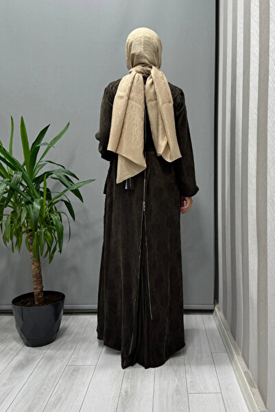 MissWhence Zipper Detailed Jacquard Cupra Silk Dress Brown 38835