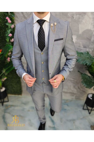 Philip Guston Men's Gray Suit with Gold Buttons: Jacket, Vest and Pants