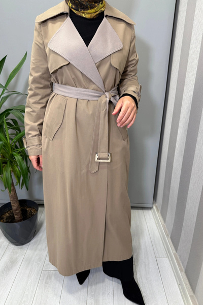 MISS DALIDA Knitwear Detailed Fabric Trench Coat Mink T25Pf-8011