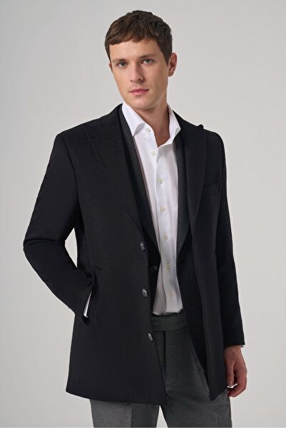 Morven Men's Black Woolen Straight Dynamic Fit Pointed Collar Coat