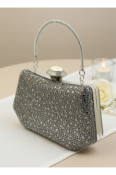 Biçanta Platinum Color Stone Chain Detailed Chain Handle Women's Evening Dress Bag Wedding Engagement Graduation