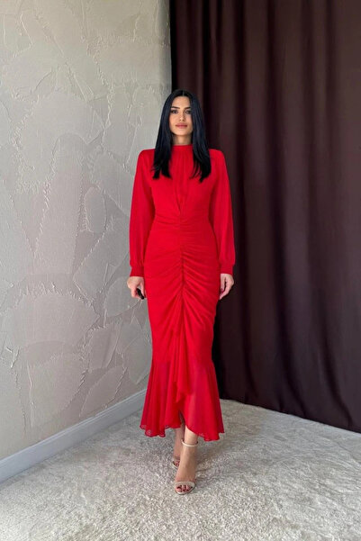 GENCULUS Red Front Gathered Chiffon Dress