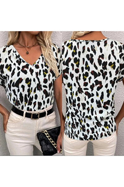 GENCULUS Women's Short Sleeve V Neck Leopard Pattern Crepe Blouse
