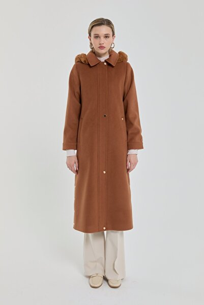 Nihan Büyük Beden Kürk Kapşonlu Kaban Taba