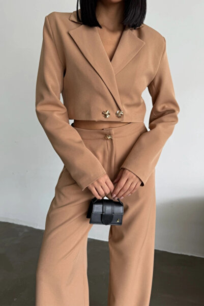 GENCULUS Crop Jacket Pantoon Taki God Düğe Detail Brown