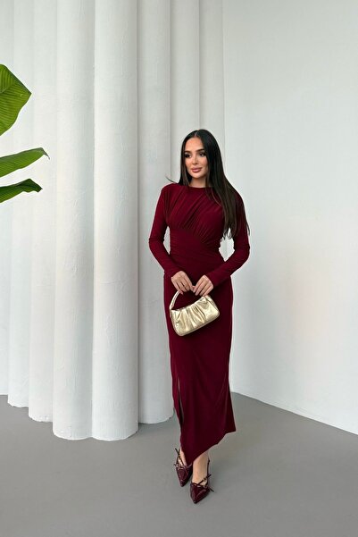 Mezka Kadın Drapeli Uzun Kollu Yırtmaç Detaylı Büzgülü Elbise