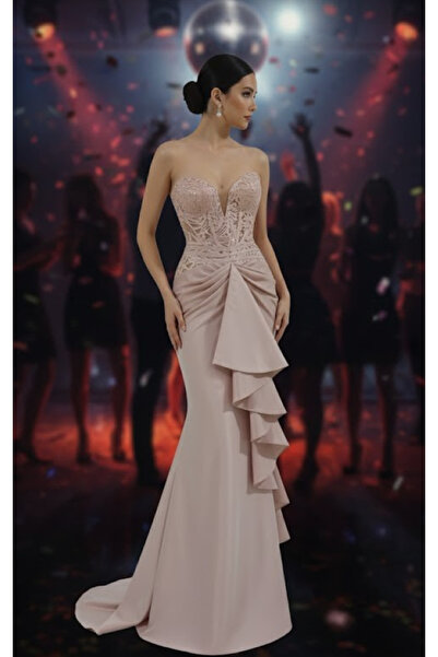 Zeyn KADIN ABİYE STRAPLEZ DANTEL VE VOLAN DETAYLI YIRTMAÇLI UZUN ELBİSE