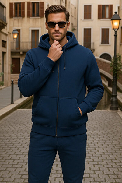DAMGA JEANS Men's Winter Hooded Dark Blue Zippered Oversized Sweatshirt