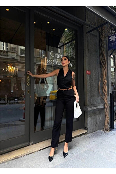 GENCULUS Keten Dube Paça Deri̇ Taba Keeri̇ Pantoon Black