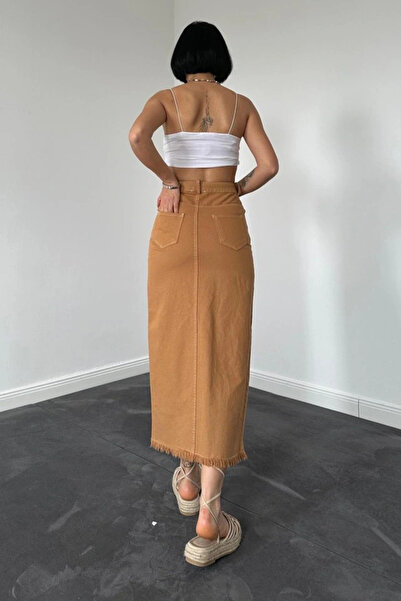 GENCULUS Camel Gabardine Dyed Tasseled Skirt