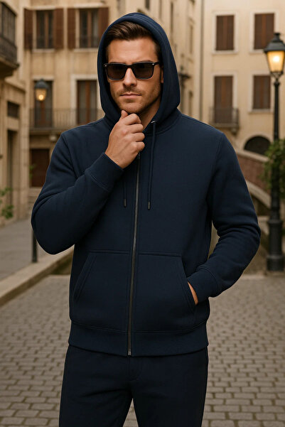DAMGA JEANS Men's Winter Hooded Navy Blue Zippered Oversized Sweat